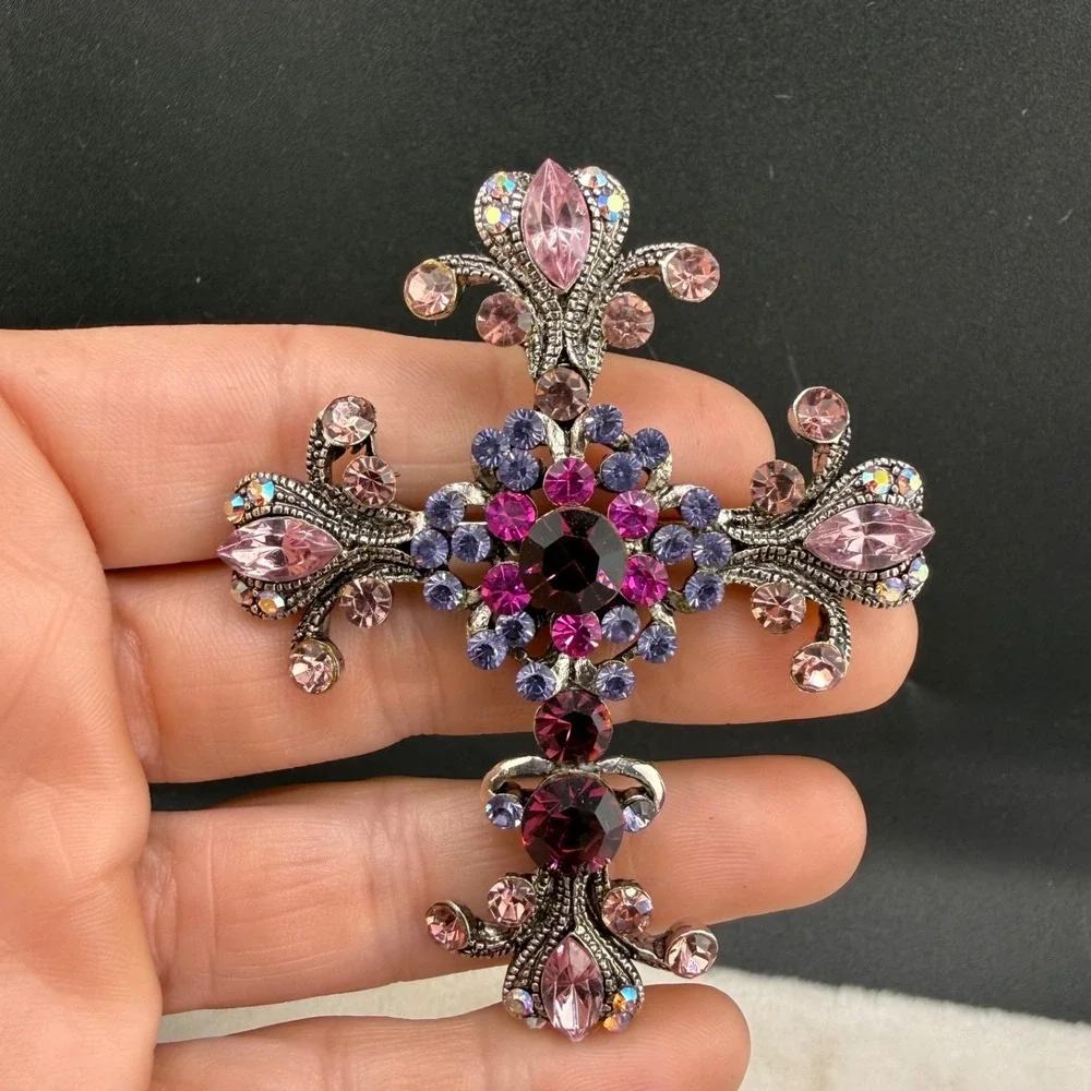 Rhinestone Cross Brooch Silver Tone Purple Pink Pendant Bale